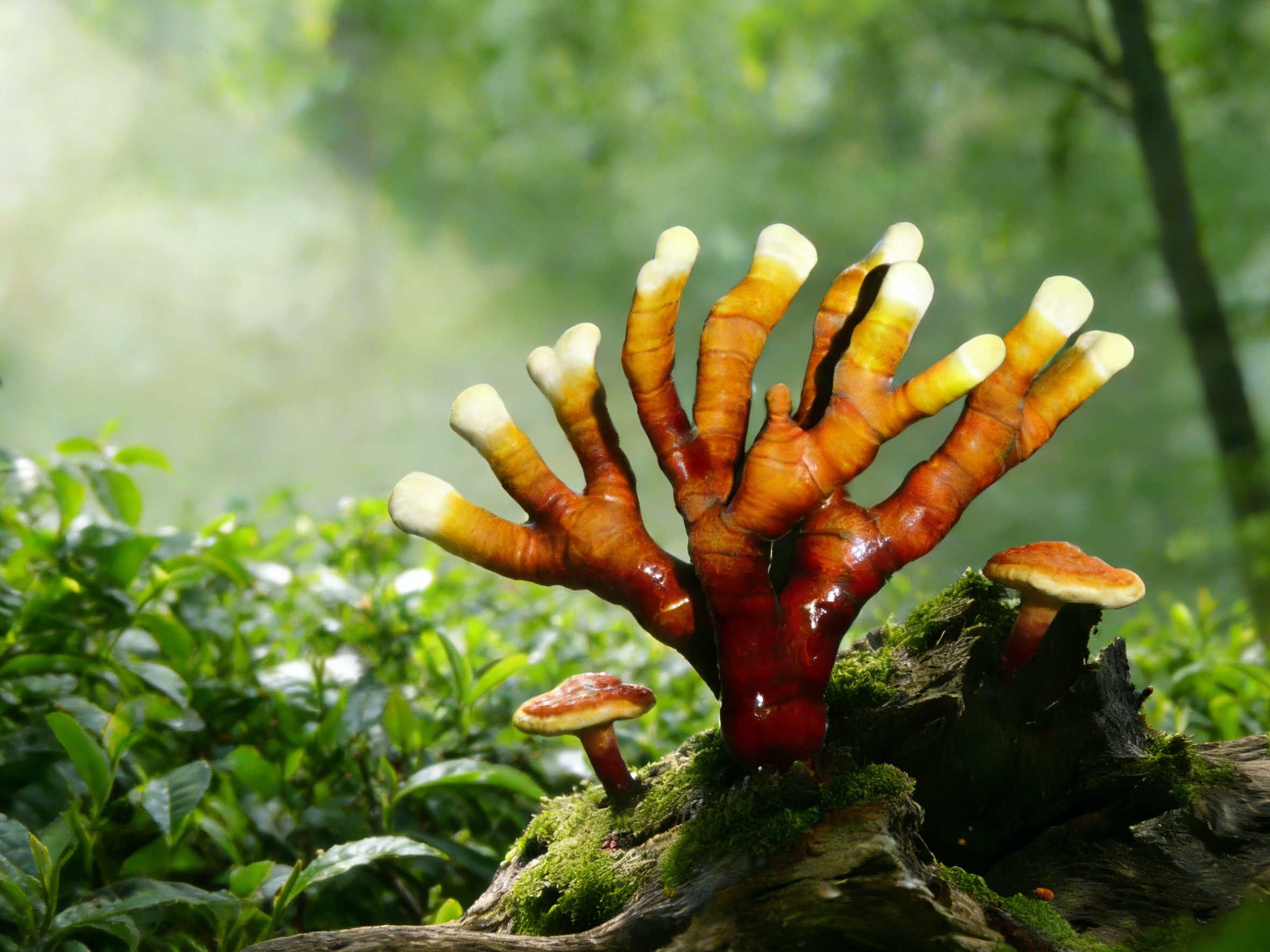 灵芝生长环境展示，山林中灵芝菌棒整齐排列，工作人员正在查看生长情况